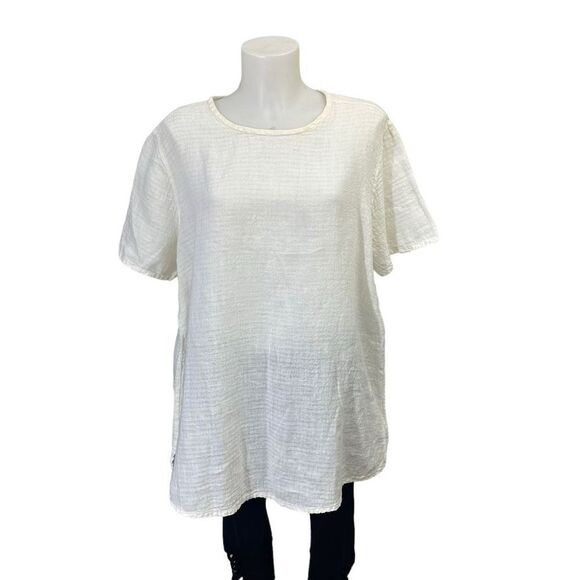 Flax Tops - Flax White 100% linen round Neck Oversized Lightweight Comfy Blouse medium‎